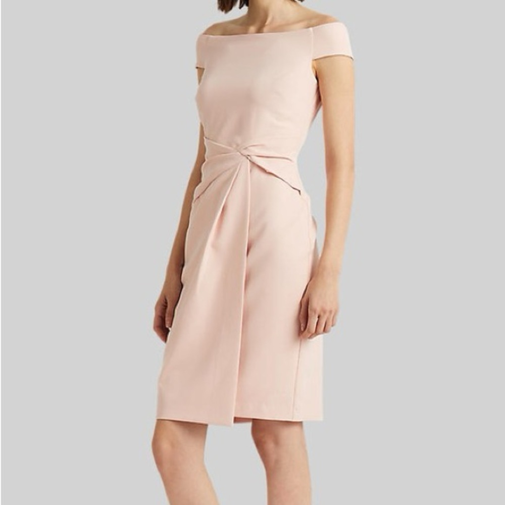 Size 6 Women's Ralph Lauren Crepe Off-the-Shoulder Dress Blush Pink Midi